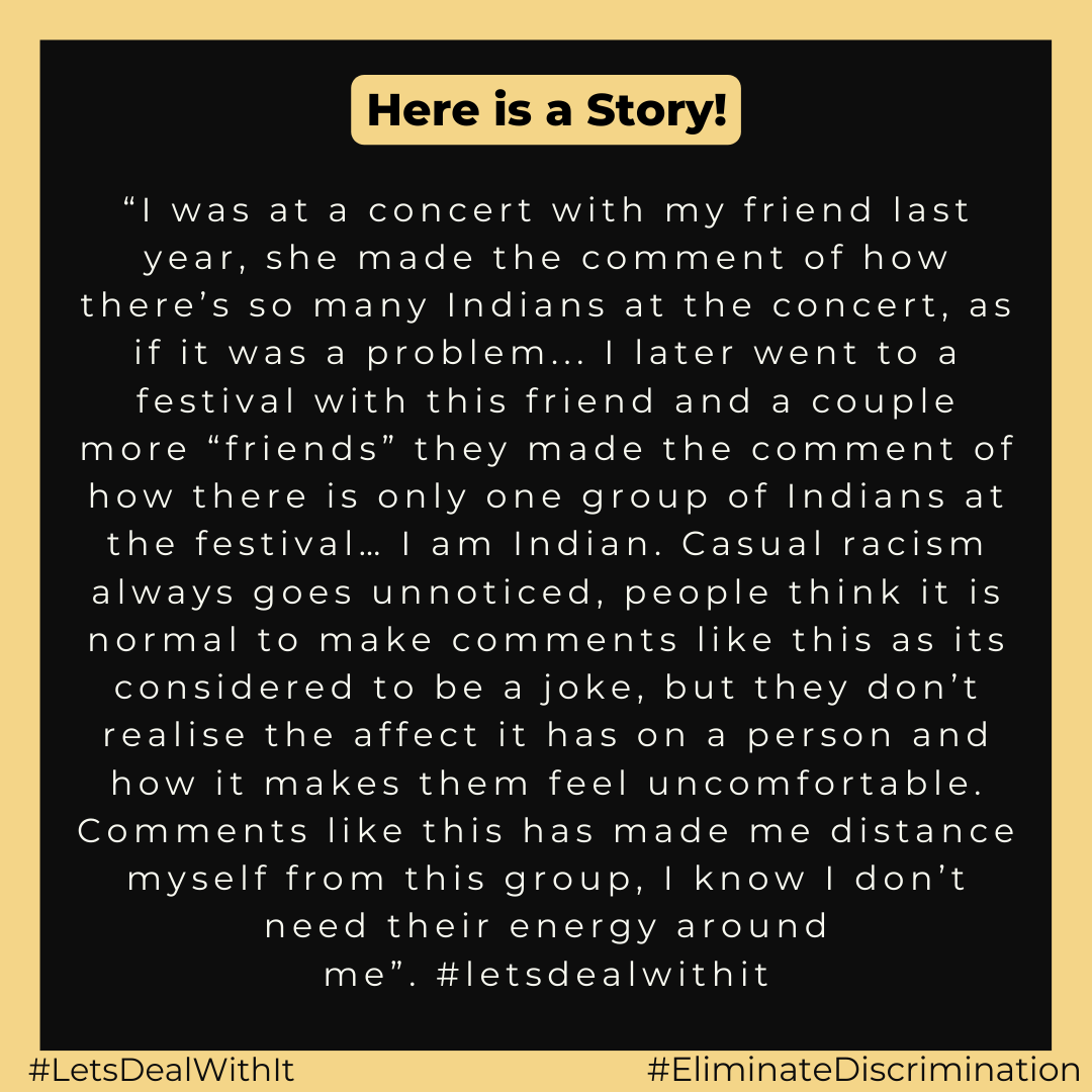 _LetsDealWithIt's tweet photo. Do you have a story on discrimination? Send in your stories to be shared anonymously to letsdealwithit@shakti.org.nz (OR) send a private message.
#letsdealwithit #shakticommunitycouncil #discrimination #eliminatediscrimination #racism #racialdiscrimination https://t.co/bqJ9Z2Xsvv https://t.co/5ppZ6VmZFL