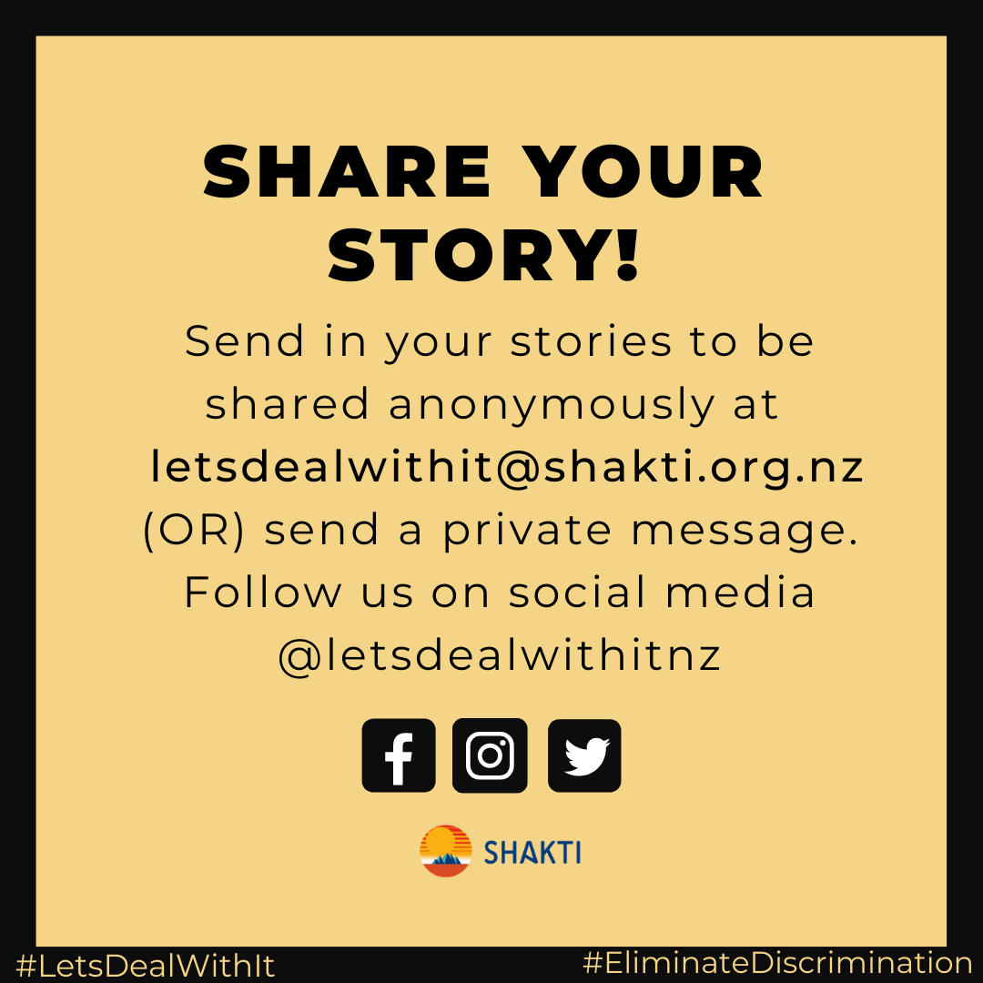 _LetsDealWithIt's tweet photo. Do you have a story on discrimination? Send in your stories to be shared anonymously to letsdealwithit@shakti.org.nz (OR) send a private message.
#letsdealwithit #shakticommunitycouncil #discrimination #eliminatediscrimination #racism #racialdiscrimination https://t.co/bqJ9Z2Xsvv https://t.co/5ppZ6VmZFL