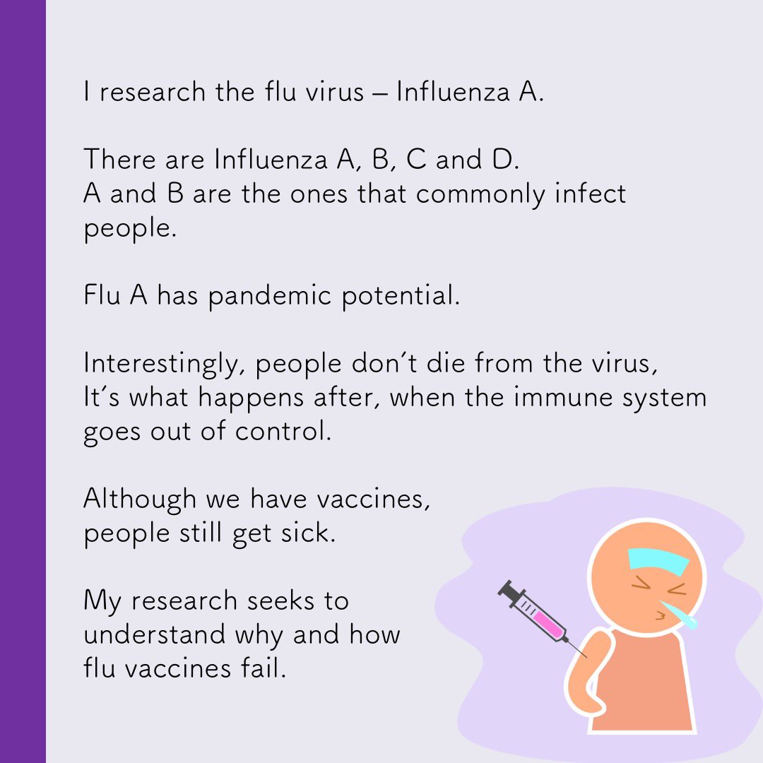 36.  @aixnr from Uni of Rochester NY. Aizan seeks to understand why & how flu (in particular Influenza A) vaccines fail.“Influenza A mutates so fast. Health agencies have to keep track on their evolution & predict which one will cause problem in coming years.”