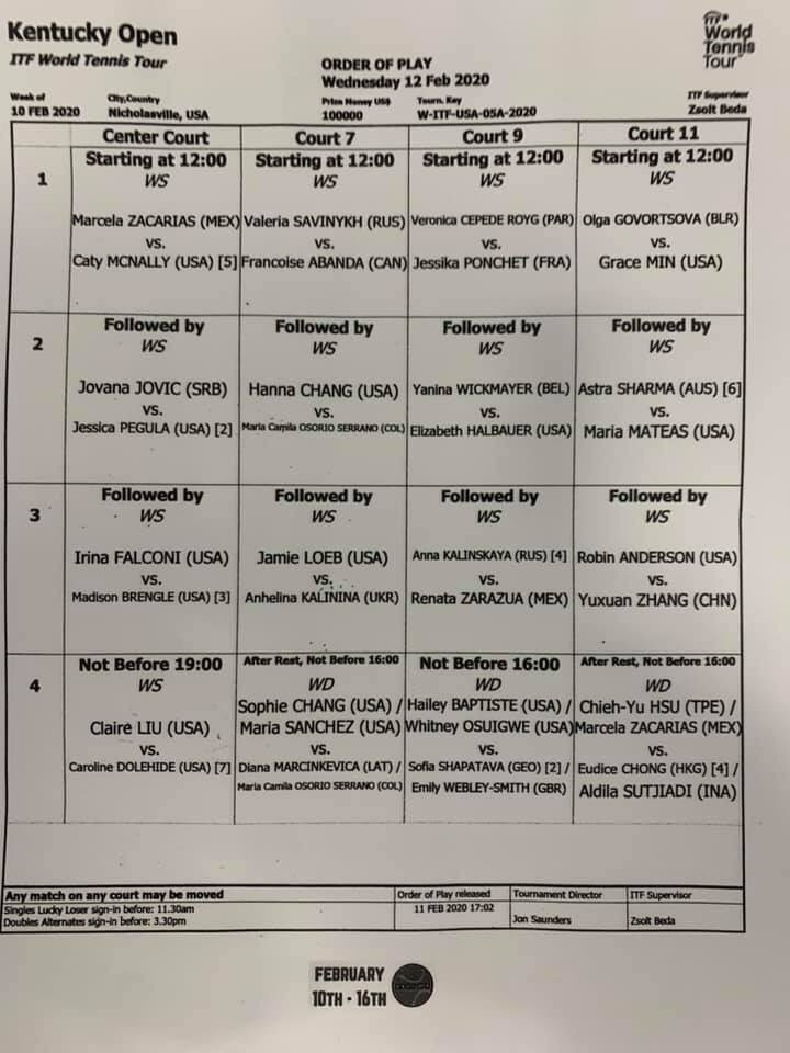 CrackedRacquets's tweet photo. Order of Play Today - 

See you at @TopSeedTennisKY! 

🎫: https://t.co/m0FUqQYYNR

#KYOpen2020 | #KentuckyOpen https://t.co/0RfJzuZ9JE