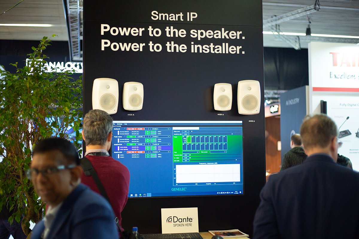 Genelec's tweet photo. #ISE2020 Day 2: With one CAT cable for PoE, AoIP and speaker management, installers have been loving the powerful simplicity of #GenelecSmartIP. https://t.co/udTS69fFqi https://t.co/3TKKB9Xm4g