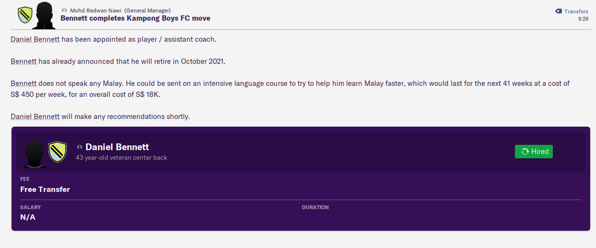 AzarisTV's tweet photo. #KampongBoys welcomes #DanielBennett, the century capped @FASingapore national player as our player/ assistant coach.

My only concern is, you've been in #Singapore for so long but you haven't learnt how to speak #Malay? We'll need to fix that.

#FM20 #Malaysia #LLM https://t.co/rMBDh7pNk0