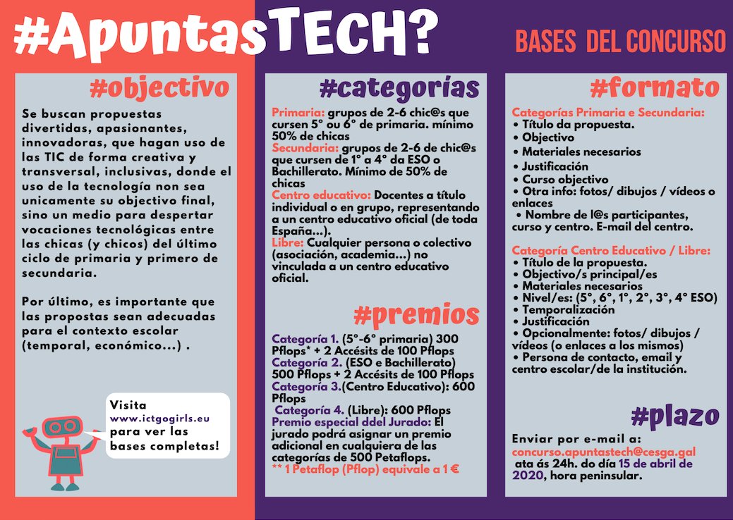 ISE_URJC's tweet photo. Desde @ICTGoGirls traen el concurso #ApuntasTech que consiste en crear propuestas innovadoras con el uso de las #TIC para despertar el entusiasmo y la vocación tecnológica en niñas de entre 10 y 15 años.
Tenéis más info aquí: 🌐https://t.co/iRA59cfShO🌐 https://t.co/jukwHjhHAi