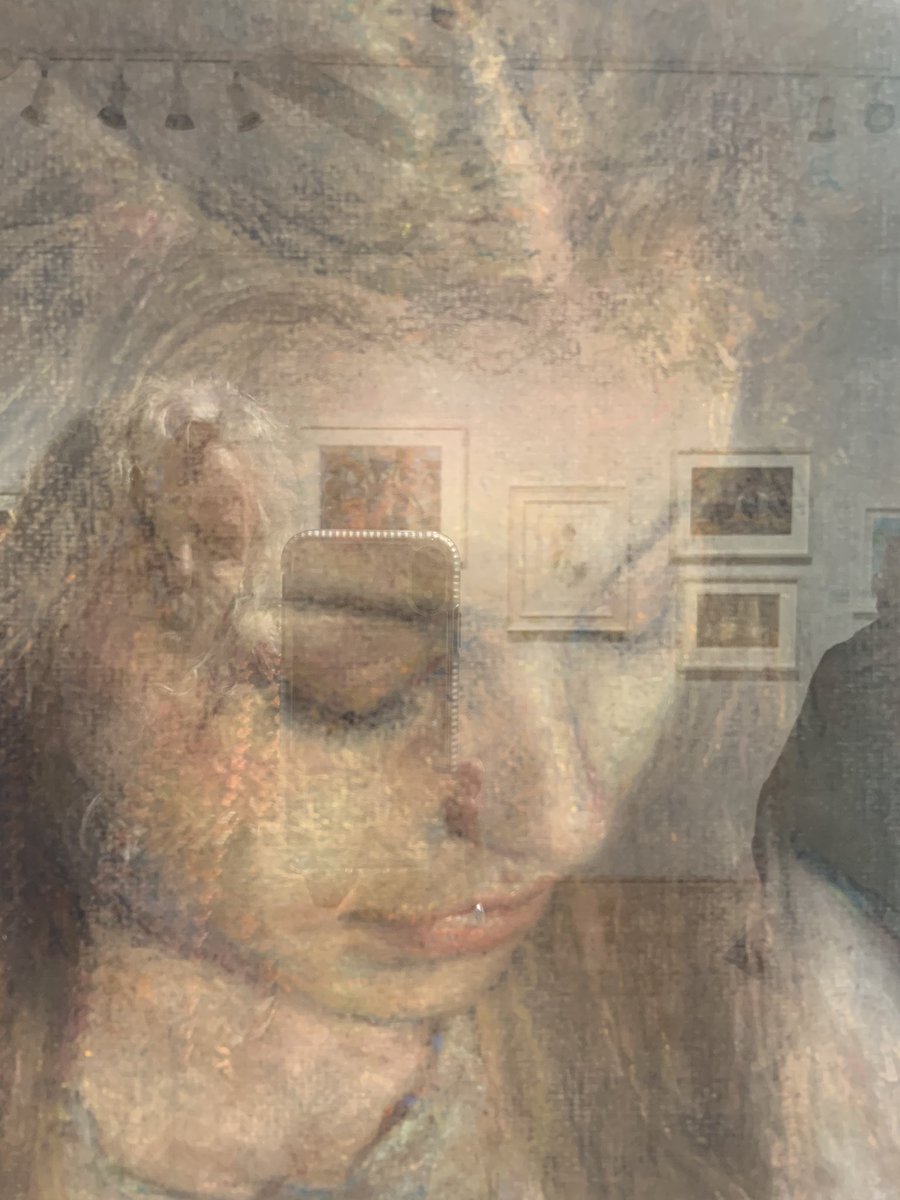 Mary Greenacre’s beautiful portrait of Sarah’s Hair and me at the Mall Galleries today . Nothing I could do removed me and the camera so decided to incorporate us. Well done Mary xxx @marygreenacre <a href="/mallgalleries/">mallgalleries</a>