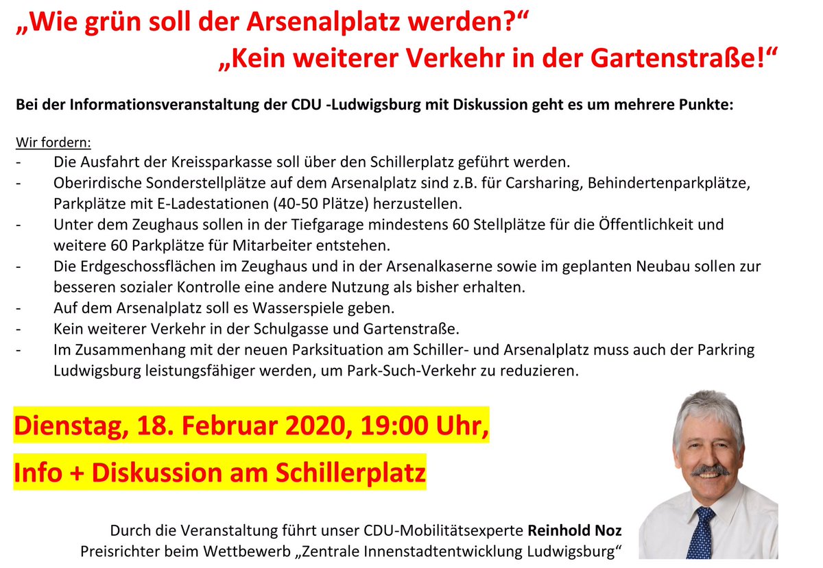„Zentrale Innenstadtentwicklung Ludwigsburg“ Dienstag, 18. Februar 2020, 19:00 Uhr, Info + Diskussion am Schillerplatz. Mit CDU-Mobilitätsexperte Reinhold Noz und #teamludwigsburg