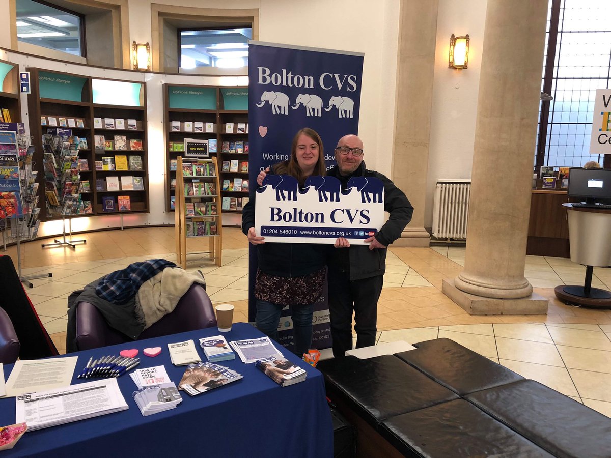 BoltonCVS's tweet photo. We are on day 3 of our Voluntary Sector Roadshow at Bolton Central Library, if you are passing by come and have a chat to us! We can give you advice on volunteering, group development, funding, training and more! #LovetheSector @boltoncouncil @BoltonCVS #GetInvolvedBolton https://t.co/mV7rExrnoX