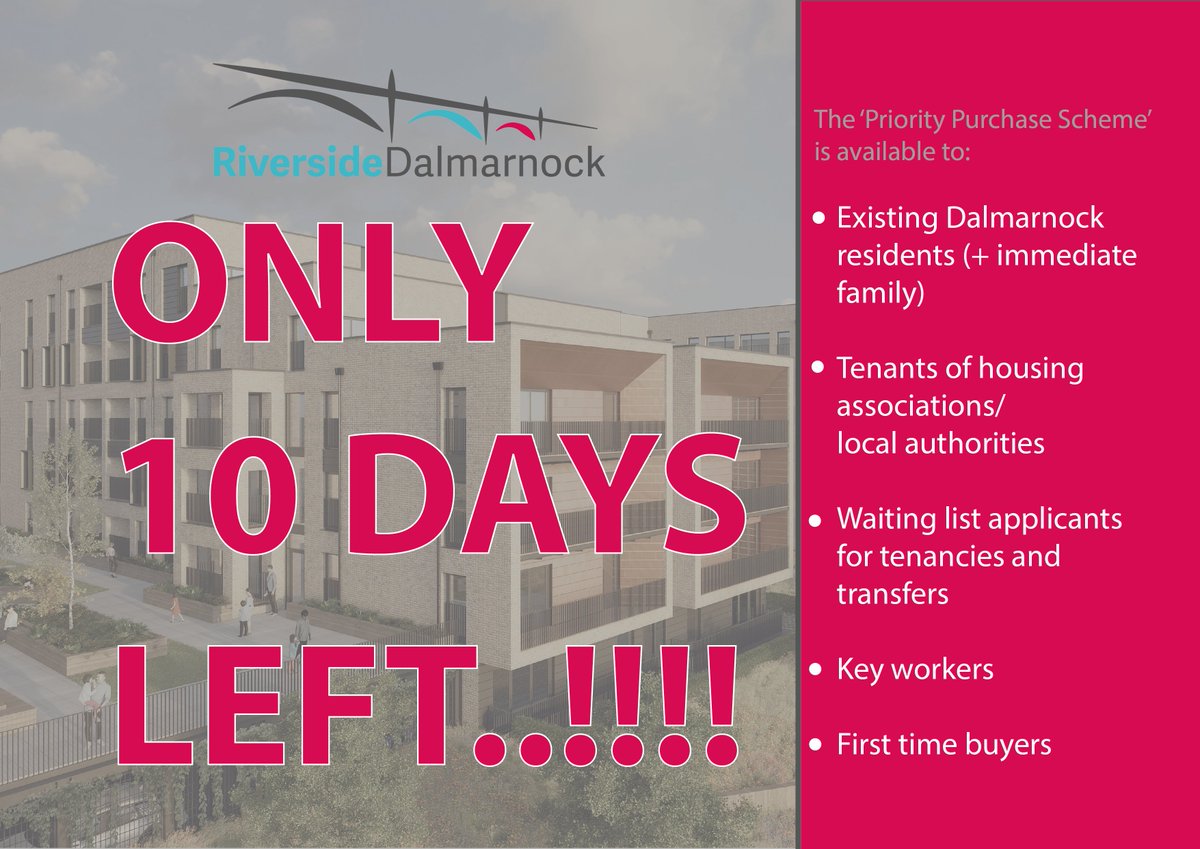 Over 40% of apartments in Block J has been reserved during their Priority Purchase month!! If you qualify as a priority purchaser and are interested in reserving an apartment, you only have 10 days. For prices and availability, visit our website riversidedalmarnock.co.uk/prices-availab…