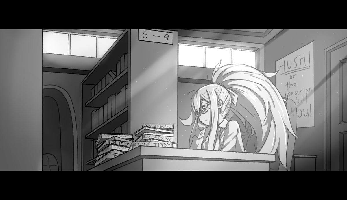 i wanna gitgud at drawing interesting cinematic shots so I can animate better scenes

Pagu-chan at her job as the librarian 