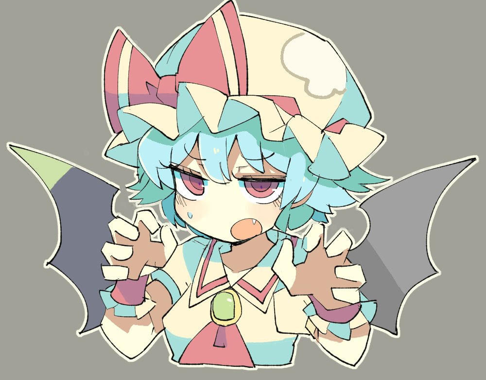 remilia scarlet 1girl solo hat wings fang blue hair red eyes  illustration images