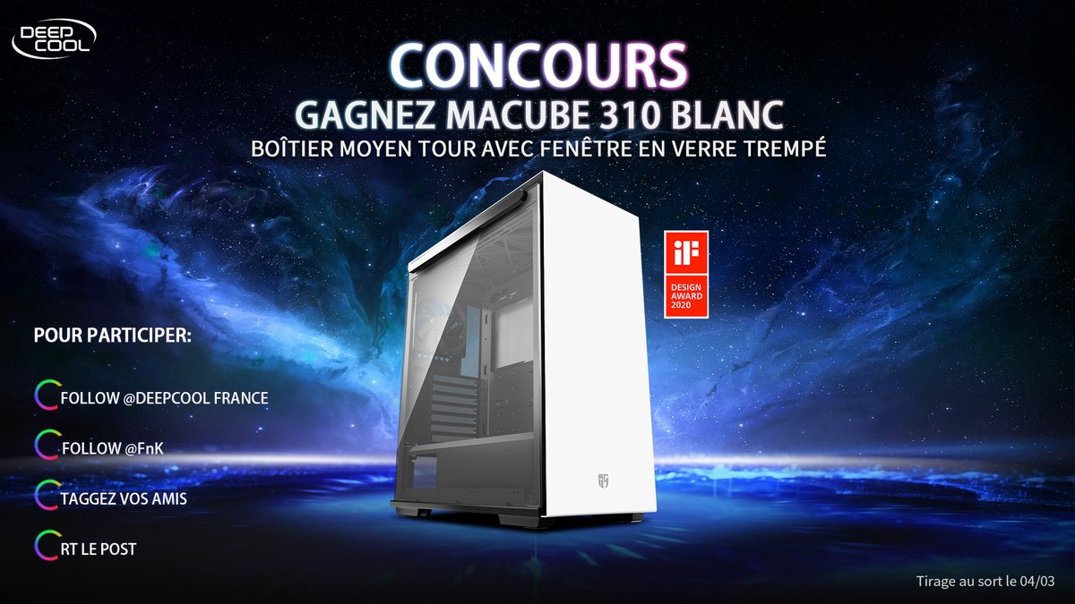 DeepCoolFrance's tweet photo. 🎁 #Concours 🎁
GAGNEZ le boîtier moyen tour - Macube 310 Blanc( qui a remporte le prix －2020  iF Design
Pour participer :
✅ Follow @DeepcoolFrance 
✅ Follow @FnK_BF  
✅ RT ce tweet
✅ Taggez vos amis https://t.co/NjzchYmCp0