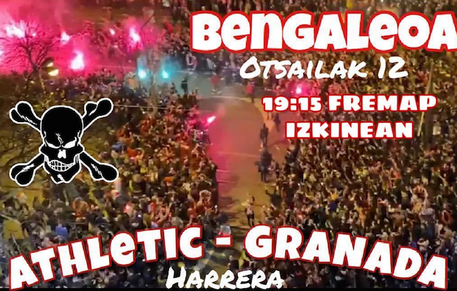 Piratak prepara el mayor pasillo de bengalas que ha organizado para recibir al autobús del Athletic a su llegada a San Mamés.

Serán 120 bengalas, contra el Barcelona fueron 70.

La iniciativa cumple las normativas de seguridad exigidas como llevar petos o cubos de agua