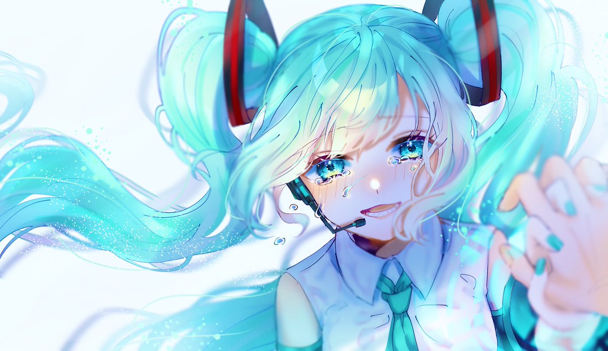 hatsune miku 1girl twintails long hair tears crying necktie detached sleeves  illustration images