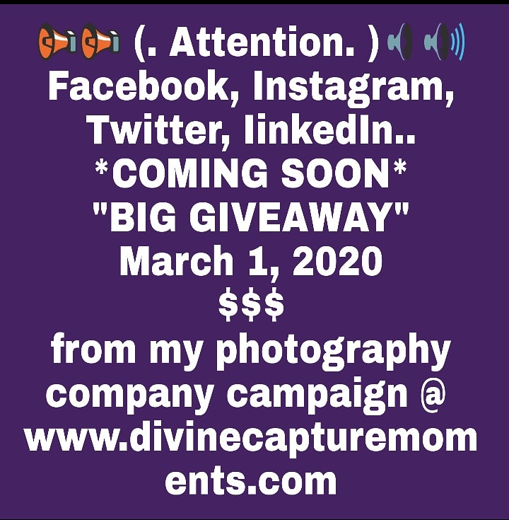 If you love photography or videography or you model, male or female, or just completely interested in this brand winning the BIG GIVEAWAY, please visit my website. Send me a email from my website, and in the SUBJECT BOX 📦 enter "BIG GIVEAWAY" 
Thank you @ divinecapturemoments.com