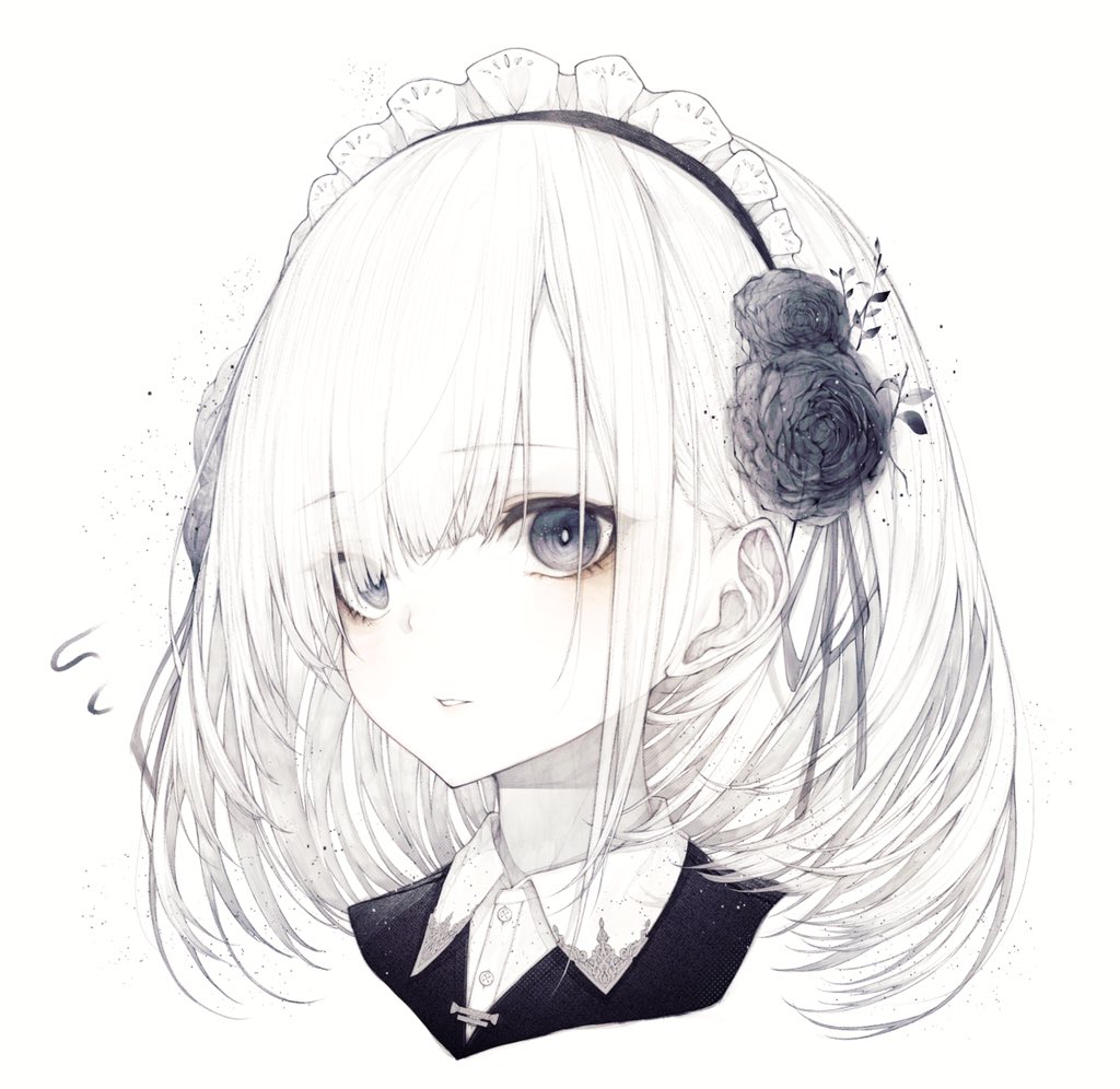 1girl solo white background simple background white hair looking at viewer black flower  illustration images