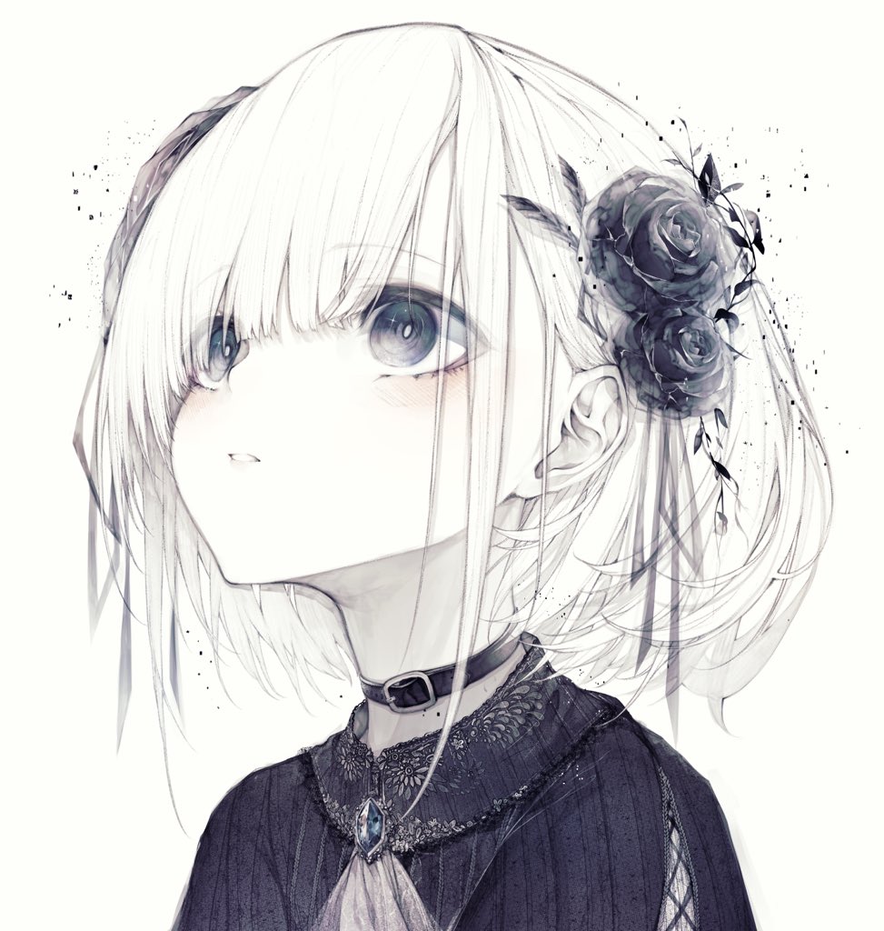 1girl solo white background simple background white hair looking at viewer black flower  illustration images