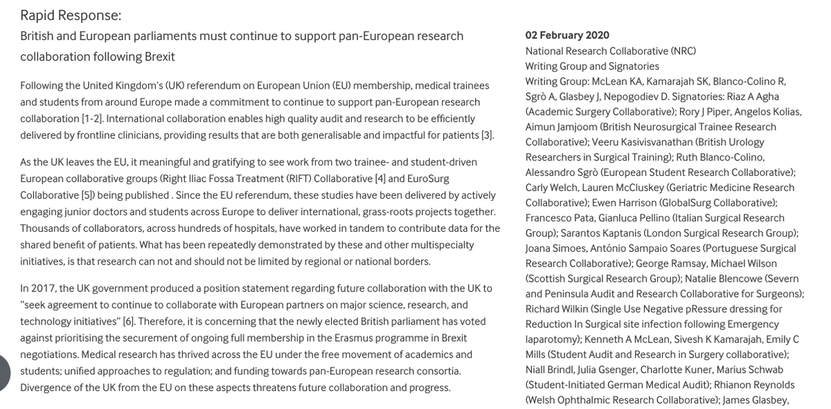 DrJamesGlasbey's tweet photo. Important pro-European @bmj_latest letter from UK National Research Collaborative trainee groups @NRCM2020, imploring @UKgovcomms @MattHancock @EU_Commission  to continue to support UK-European research collaboration beyond Brexit for the benefit of patients worldwide 🇪🇺🇬🇧 https://t.co/IwVVmShpy7