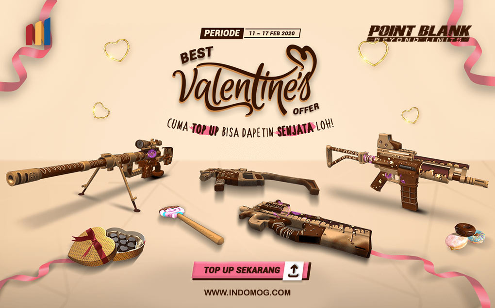 Di minggu Special Valentine ini Indomog mengadakan Event Top Up nih untuk kalian Troopers sejati PB, dengan Top up melalui Direct Topup atau Voucher PB Cash di Indomog kamu bisa mendapatkan senjata Hingga 30 hari loh !! yuk cek langsung di bit.ly/PointBlankMOG