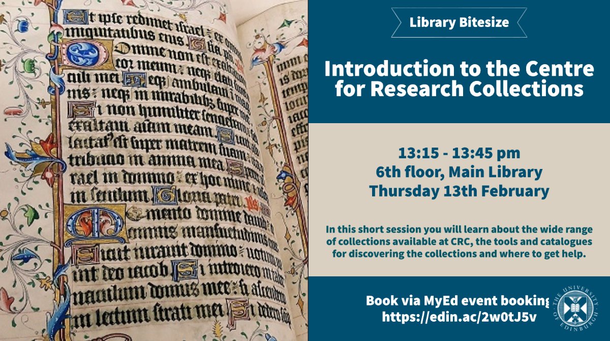 EdUniLibraries's tweet photo. There are still spaces on our #LibraryBitesize session this week, 'Introduction to the Centre for Research Collections (CRC)'. The CRC provides access to the University's unique cultural & heritage collections, if you're interested to find out more book https://t.co/M3LkcU8mCG https://t.co/2bg7olhrWf