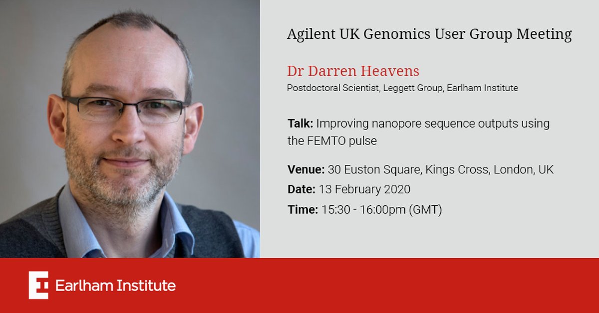 EarlhamInst's tweet photo. Darren Heavens in EI's @richardmleggett group will be talking about improving @nanopore sequence outputs using the #FemtoPulse, at the @Agilent UK Genomics User Group Meeting tomorrow. #genomics #sequencing
Bio: https://t.co/UiW8ELXFMU
Meeting info: https://t.co/iiOk2hNQVv https://t.co/s4HVtkxCGz
