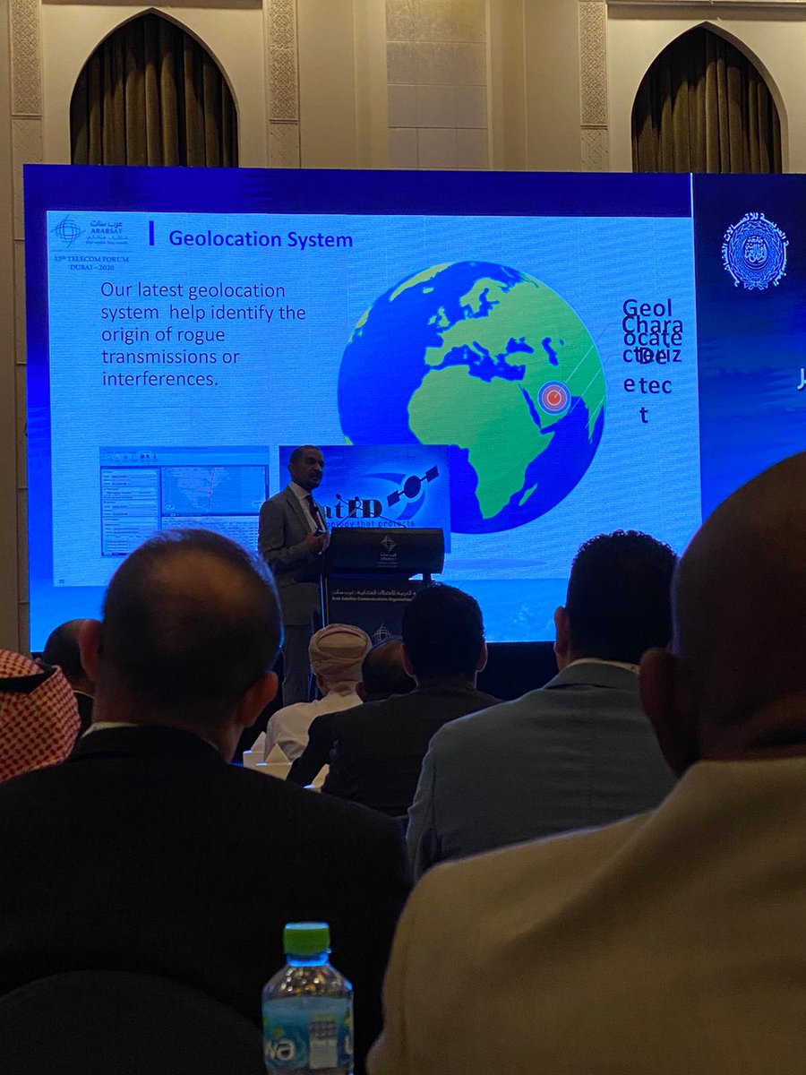 SatcomsIG's tweet photo. SIG Advisory Board Member, Yasir Hassan discussing geolocation and the importance of SIG at the 12th @Arabsat Telecom Forum #ConnectWithSIG #satelliteinterference #geolocation https://t.co/biuvIDCQ2p
