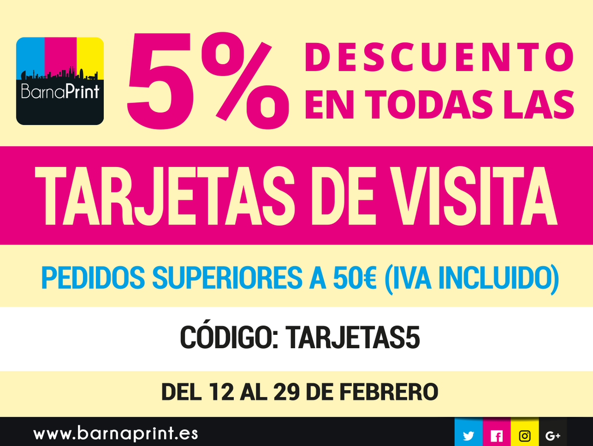 Barnaprint's tweet photo. 5% de descuento en todas las tarjetas de visita con el código TARJETAS5 en pedidos superiores a 50€ ¡del 12 al 29 de febrero!
Aprovecha esta promoción entrando en https://t.co/hoA01O1Dw1
#Descuentos #Promocion #CuponRegalo #Barnaprint #ImprentaOnline #TarjetasVisita https://t.co/JWptH2sCnY