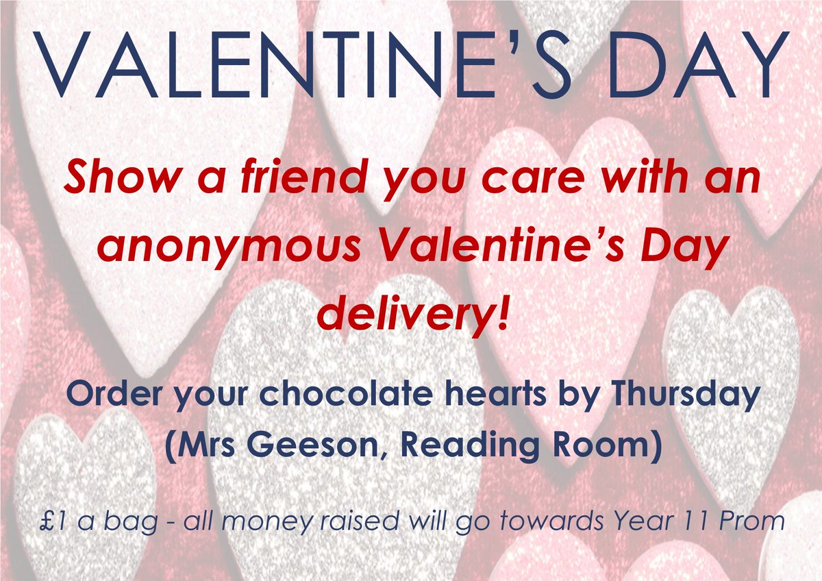 Ruskin students – share the love! With Valentine’s Day approaching, chocolate hearts can be purchased to be delivered anonymously on Friday morning to someone you care about. Brighten someone’s day and help raise funds for the Year 11 Prom celebration.