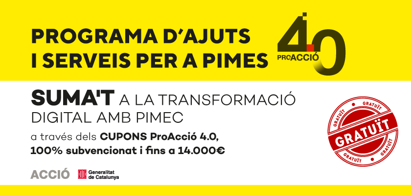 Pimec's tweet photo. 🚀 És moment de sumar-se a la #TransformacióDigital! Ara pots accedir als Cupons #ProAcció40, el programa d'ajuts i serveis per a la #digitalització de la teva pime.
 
Apunta't i accedeix a subvencions fins a 14.000 €!
👉 https://t.co/yTJlNodpRr https://t.co/DAaCNYnS5d