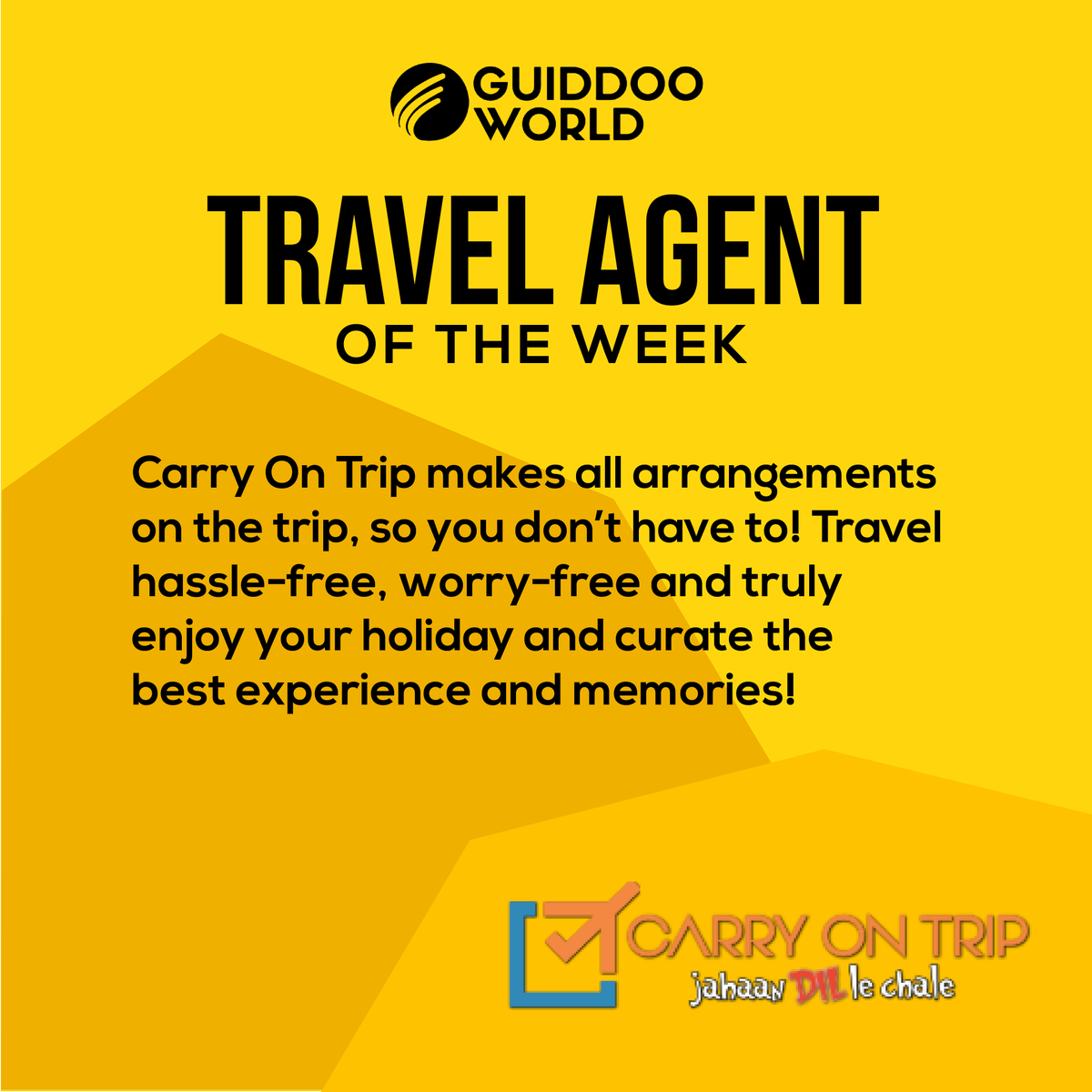 Featuring our Travel Agent of the week, Carry My Trip! Do check them out! carryontrip.com

#guiddoo #guiddooworld #travel #leisure #travelling #tourism #holiday #discover #adventure #explore #traveltech #technology #travel2020 travelflix.in
