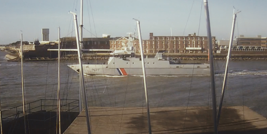WarshipCam's tweet photo. French Coastguard Flamant-class patrol vessel FS Cormoran (P677) leaving Portsmouth, England - February 12, 2020 #p677 #cormoran https://t.co/o25GjEdwa1