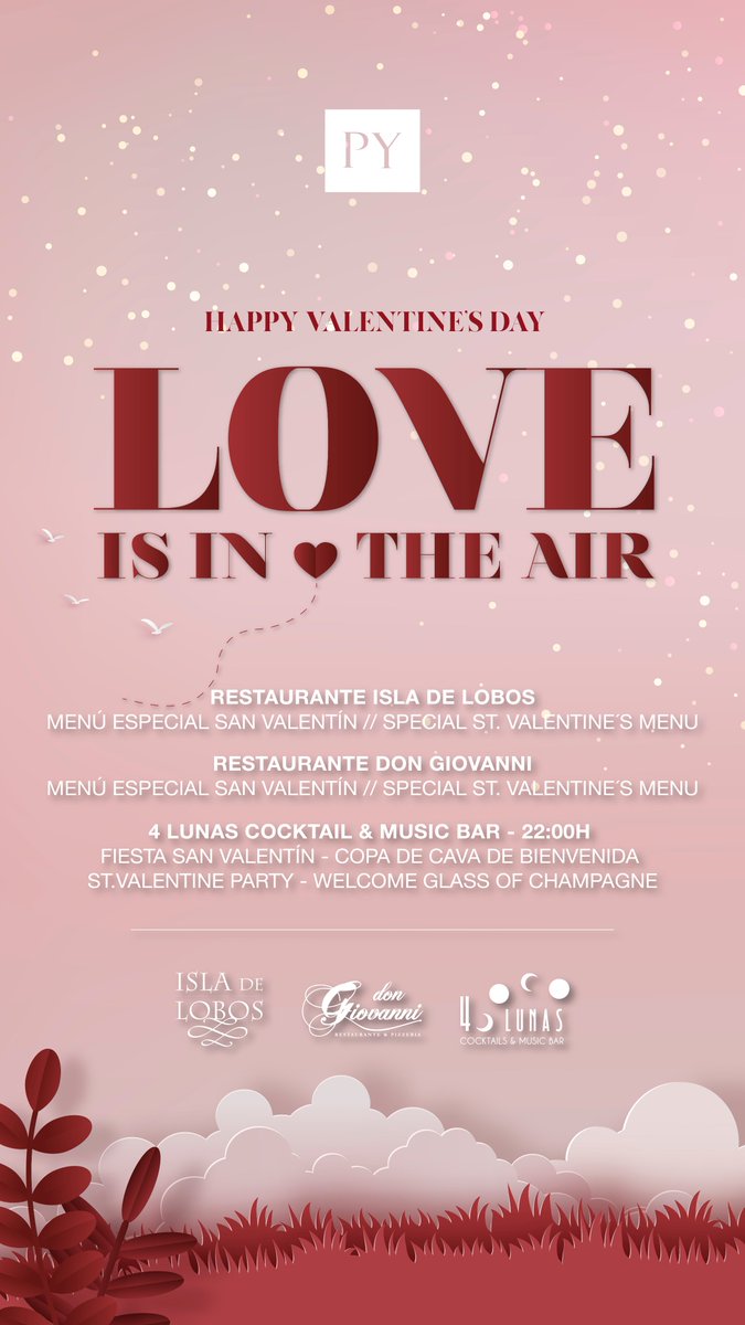 UN SAN VALENTÍN DE LUJO💘

Ven a celebrar la velada más romántica del año con nosotros, con una cena especial en nuestros restaurantes Don Giovanni o Isla de Lobos😍

Tras la cena, disfruta de una fiesta de San Valentín exclusiva en el Cocktail Bar 4 Lunas🌙 

#PYEXPERIENCE