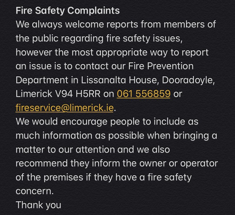 LimerickFire's tweet image. Fire Safety Complaints