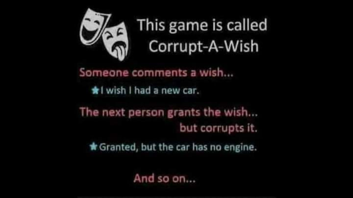 DmEducational's tweet photo. OK, let's try this.
Word a wish as best you can. Replies corrupt that wish as much as you can within the wording.
#Wish #DnD #TTRPG #DungeonsandDragons #WishSpell https://t.co/wSAiOA86id
