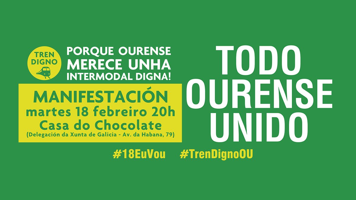 Chegou a hora de nos xuntar. Alcemos a voz!📢📢
TODO OURENSE UNIDO💪💪
É unha oportunidade que non podemos deixar pasar.
Chamamos a toda a cidadanía ourensá a se manifestar en defensa de Ourense. A cidade ten que demostrar unidade. 
#18EuVou #TrenDignoOU #TodoOurenseUnido