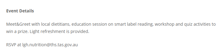 FructoseNo's tweet image. Opportunity to learn healthy eating tomorrow at the Launceston General Hospital. Brought to us from the Dietitians Association of Australia as part of their #SmartEatingWeek. Can&apos;t wait for the quiz.😉
Don&apos;t forget to RSVP. lgh.nutrition@ths.tas.gov.au daa.asn.au/smart-eating-e…