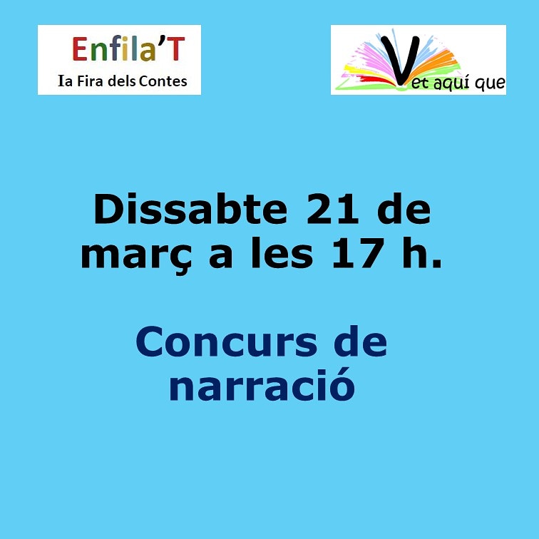 Concurs obert a tothom que vulgui explicar un conte. Trobareu les bases a:

tuit.cat/7JG4s

Contes adreçats a infants de 3 a 6 anys.

Lloc: Societat Coral Els Amics, al carrer Pantà 57 de Terrassa. 
Us animem a participar-hi.

#enfila't  #narracióoral #contes