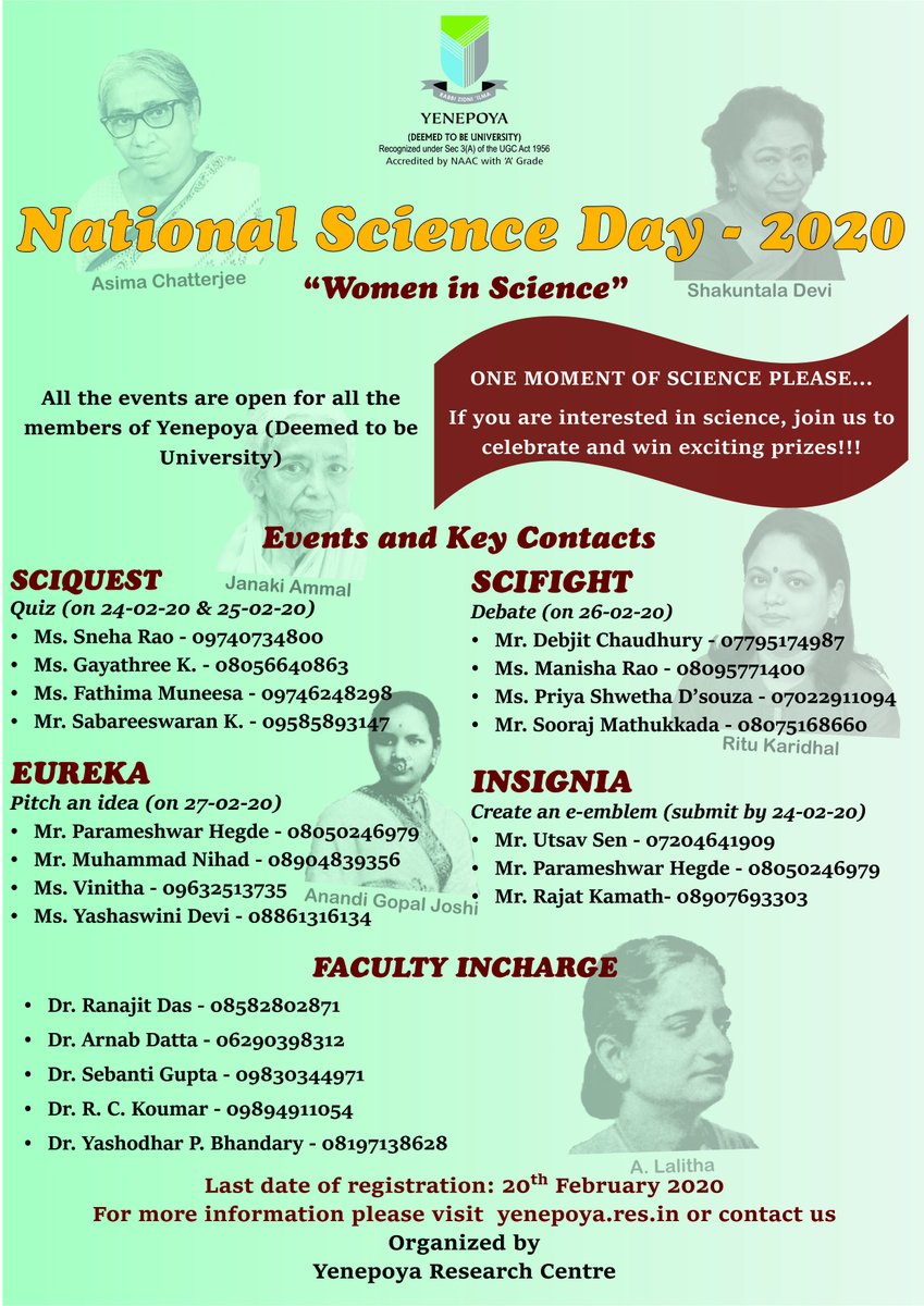 ResearchYen's tweet image. Explore the joy of science with us. A week full of exciting events and lot of prizes to be won. Let&apos;s celebrate #ScienceDay2020
@Yenepoya_IIC @YenUniT @BiSEP_yenepoya @IndiaDST @DBTIndia @ICMRDELHI
