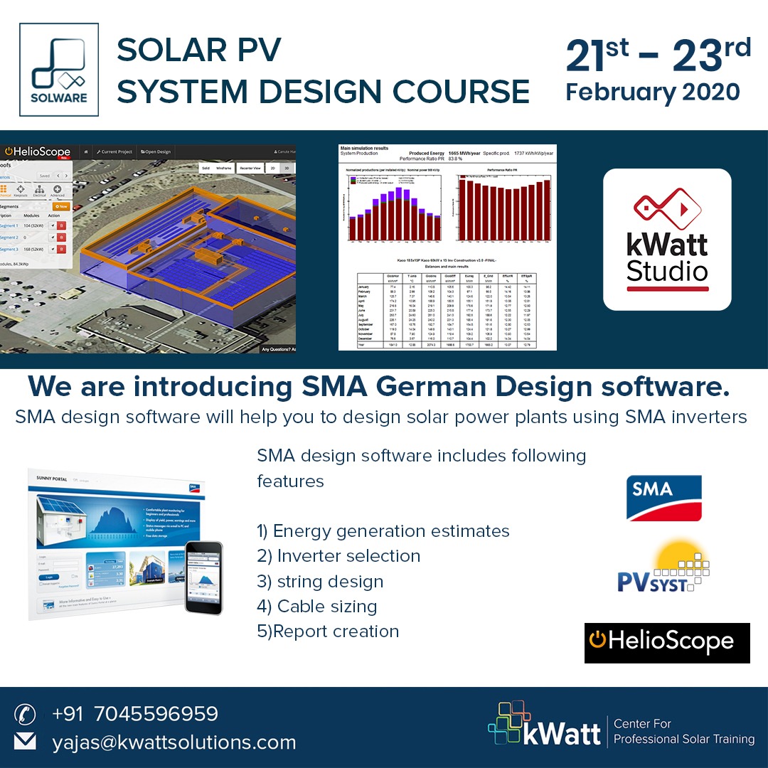 kwatt_solutions's tweet image. We have introduced the latest SMA software which is  German-based Technology in our Solware Professional course.
Learn with certification
Date-21st Feb to 23rd Feb 2020

Call - 7045596959

#Solarpv #pvsyst #mumbai #certifiedcourse #technology #sun #certification #course