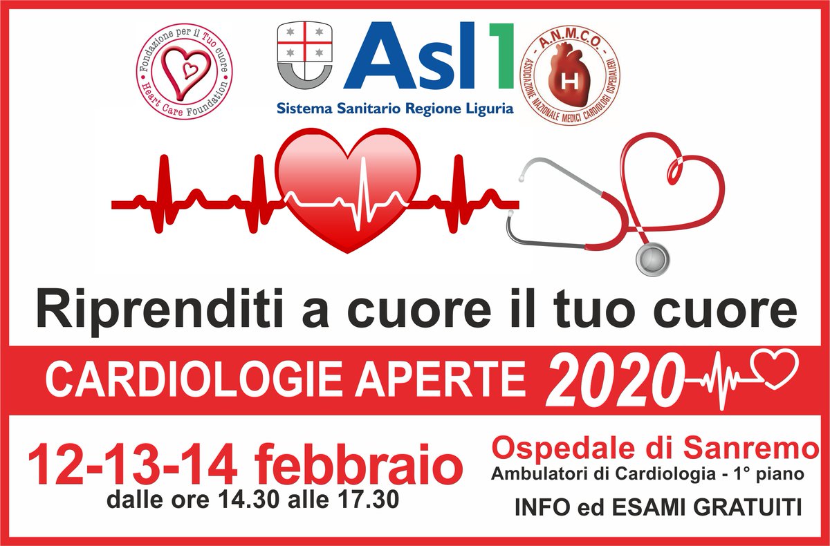 ASL1Imperiese's tweet photo. Cardiologie aperte 2020. Ti aspettiamo il 12, 13 e 14 febbraio presso l'Ospedale di Sanremo per info sulla prevenzione cardiovascolare e screening gratuiti. Dalle ore 14.30 alle 17.30 (1° piano) #periltuocuore #cardiologieaperte #asl1imperiese. https://t.co/Qk40wcwjNm