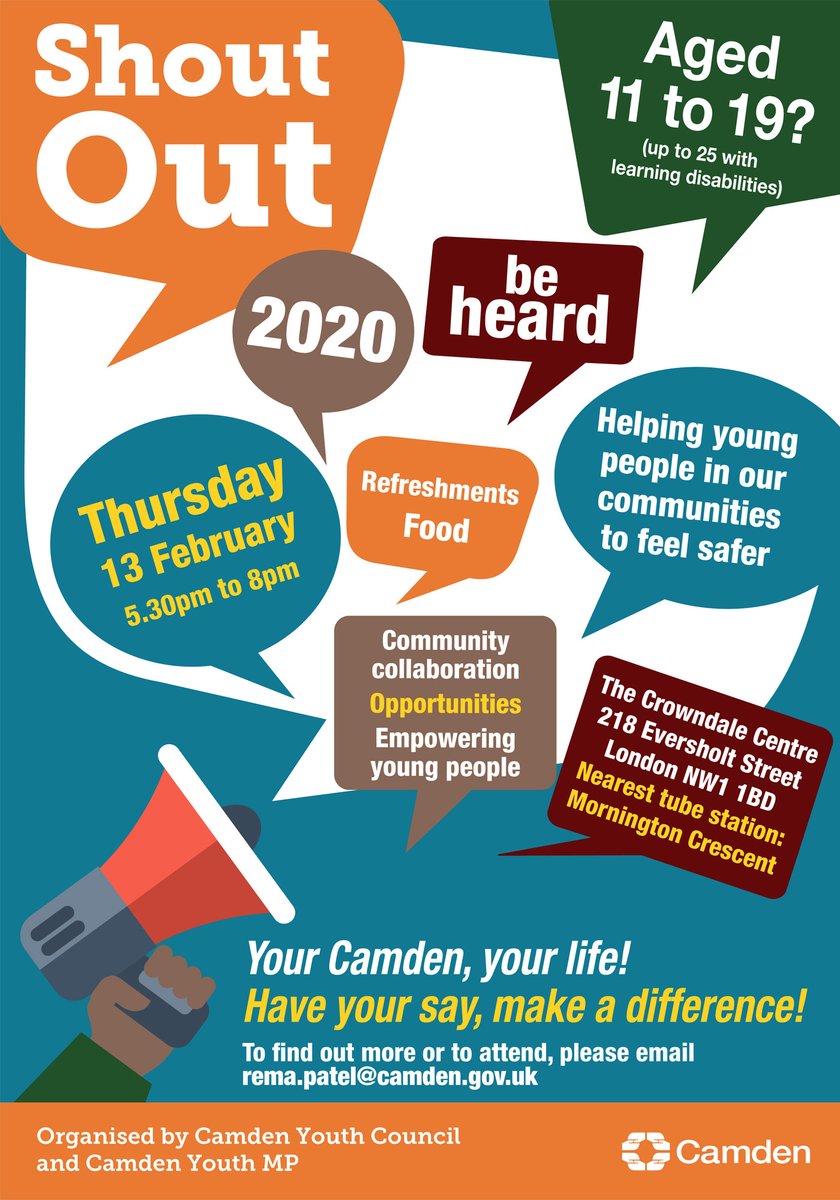 Shout Out 📣 the <a href="/camdenyouthmp/">Camden Youth Council</a> debate takes place tomorrow (13 Feb), during #CamdenYouthSafetyWeek
Young people will discuss their ideas for ways to feel safer in their community, empowerment &amp; opportunities. 
To find out more or attend, please email rema.patel@camden.gov.uk