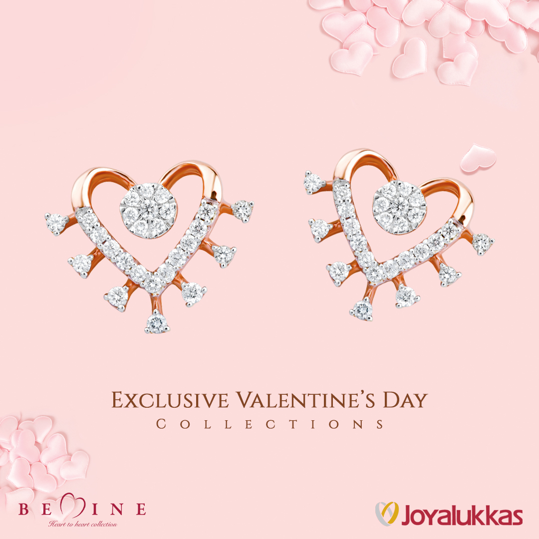 A gorgeous pair for a stunning women! Make her feel special with a striking gold and diamond pair elegantly handcrafted for Valentine's Day. #Joyalukkas #WomanOfJoy #JoyalukkasJewellery #BeMine #ValentinesDay #ValentinesCollections