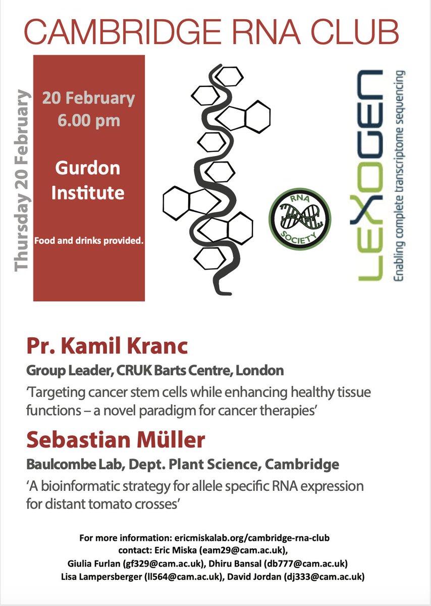 The next Cambridge RNA Club will be on Thursday the 20th of February. Join us <a href="/GurdonInstitute/">Gurdon Institute</a> for great science followed by pizza and drinks #RNA