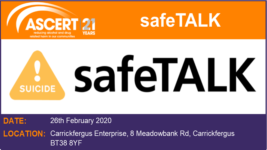 ASCERT_Training's tweet photo. ASCERT are running a 3 hour SafeTalk programme relevant to anyone living or working in the borough of Mid and East Antrim that want to create a suicide safer community. to apply click on the following link:  https://t.co/WxjLe0VO4U https://t.co/Tzjpsm1oIi