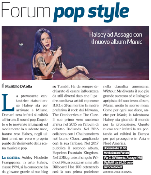 MassimoDArdia's tweet photo. Domani @halsey sarà in concerto al @MediolanumForum #Milano #MiTomorrow #halsey #Manic #tour https://t.co/EOTvesGFD9