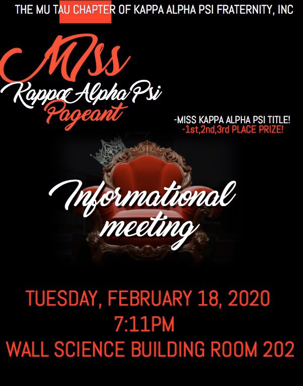 Do you have what it takes to be Miss Kappa Alpha Psi? All MHU students who are interested, we would love for you to join us at our informational meeting!