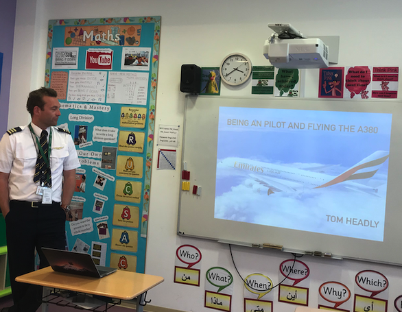 ReptonAB_Maths's tweet photo. Pilot Tom is in the house! Mathematics Society have been studying different parts of aviation for the past 5 weeks and today were lucky enough to welcome in Tom, a Senior First Officer from Emirates. The Foremarke pupils had LOTS of questions for him! #Emirates #A380 #Foremarke https://t.co/gh7b8VhTlX