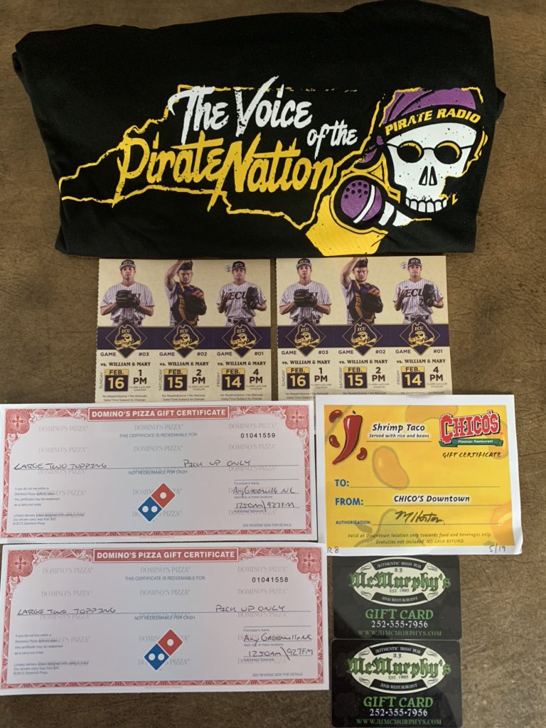 GIVEAWAY ALERT >>> RT &amp; FOLLOW for a chance to win a pair of tickets to the opening <a href="/ECUBaseball/">ECU Baseball</a> series vs W&amp;M this weekend, a NEW #PirateRadio Black T-Shirt and these awesome gift cards!
#Stations4Winners #WinItWednesday #TheVoiceofthePirateNation