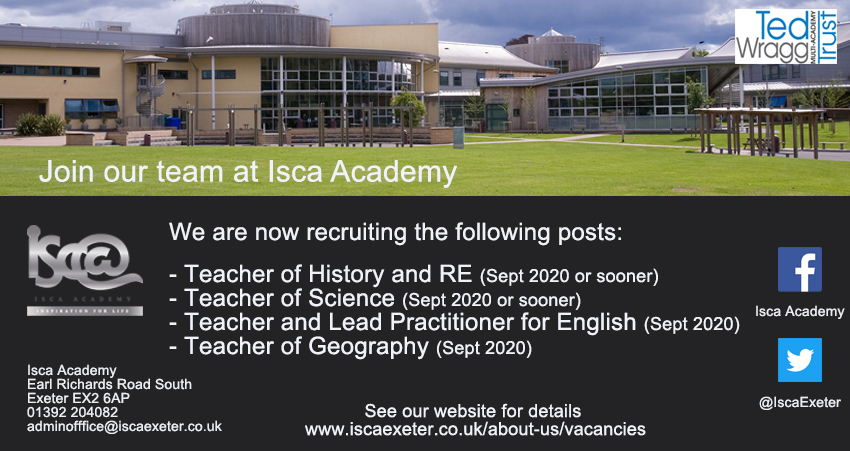 Posts are now being advertised to join the Isca Academy staff team from September 2020, or sooner. 
See website for full details iscaexeter.co.uk/about-us/vacan…
#edutwitter  #ukedjobs #ukedchat #TeachingJobs