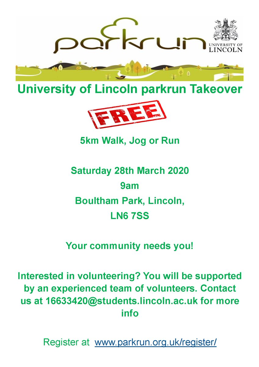 University of Lincoln parkrun Takeover 🏃‍♀️

This is an opportunity for staff and students to participate through walking, jogging, running or volunteering!

Let's come together to create a strong presence from our University community! <a href="/unilincoln/">University of Lincoln, UK</a> 

parkrun.org.uk/register/