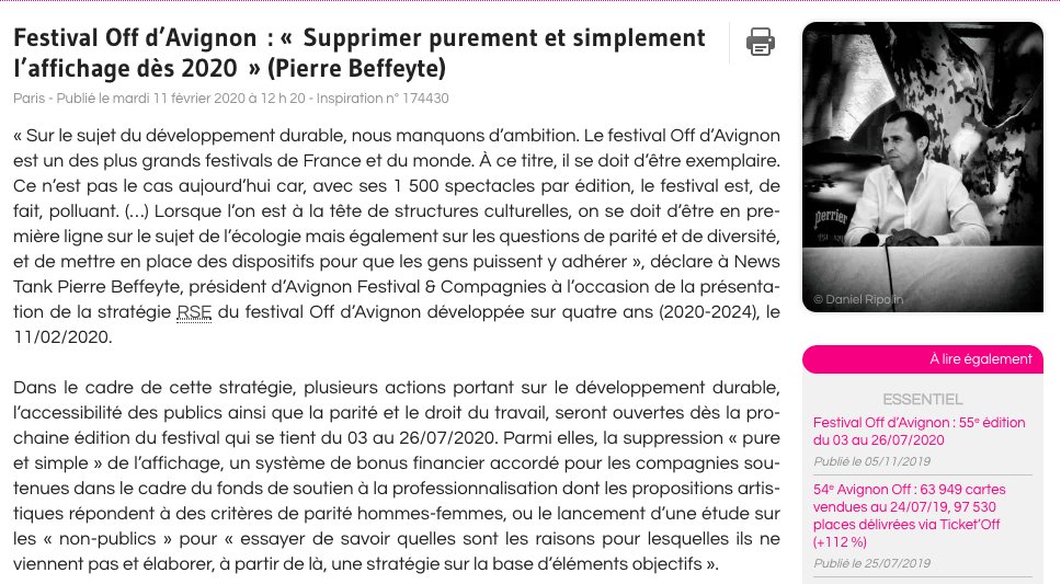 Dans cette interview, <a href="/pbeffeyte/">Pierre Beffeyte</a> parle développement durable, mais aussi accessibilité des publics, diversité, parité... des sujets au cœur de la nouvelle stratégie #RSE du @FestOFFAvignon 

À lire dans la rubrique "Inspirations" de <a href="/NewsTankCulture/">News Tank Culture</a> bit.ly/2UK0VbZ