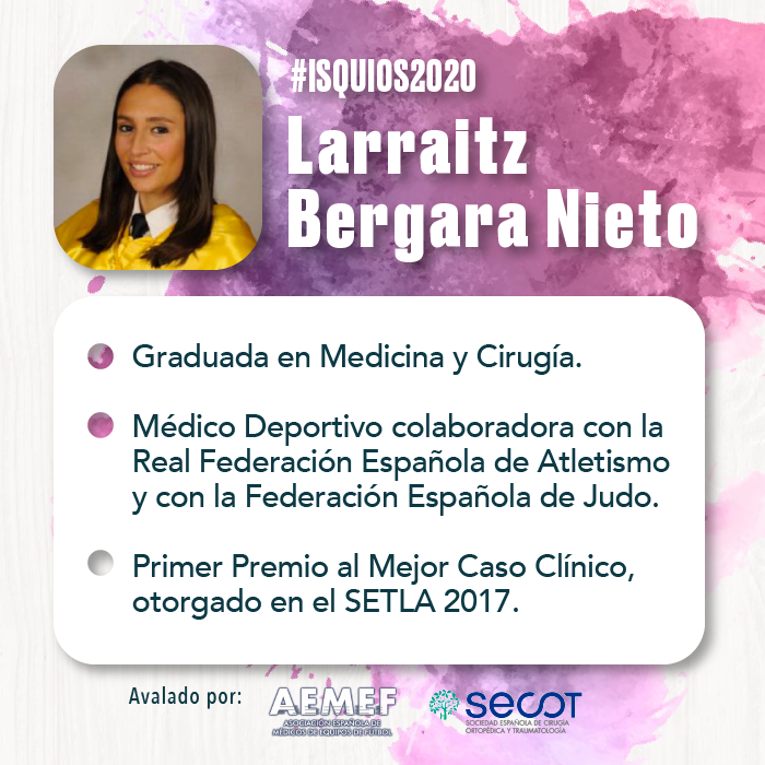 JIsquios's tweet photo. Os presentamos a otra de nuestras ponentes: @LarraitzBergara. Además de una gran atleta, es Traumatóloga Deportiva y Cirujana Ortopédica. 

¡No te la pierdas en #Isquios2020! 👉 https://t.co/WZASE16l3c 
#Traumatólogos #Fisioterapeutas #Rehabilitación https://t.co/F1gQZGlzyK